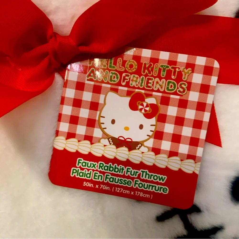 NEW Hello Kitty Christmas Santa Hat Candy Cane Faux Rabbit Fur Throw Blanket Red